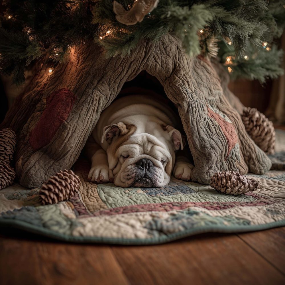 Handcrafted Quilted Tree Skirt With Sleeping Bulldog In A Hollow - Custom Christmas Décor, Made-To-Order
