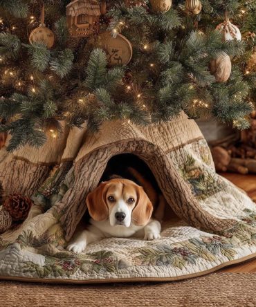 Beagle Hidden Cave Holiday Tree Skirt — Handmade Beagle Dog Christmas Skirt With Cozy Cave Motif, Customizable, Made-To-Order