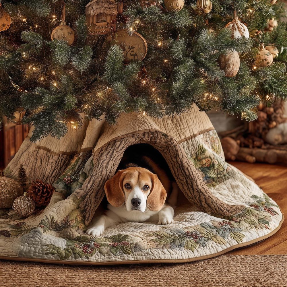 Beagle Hidden Cave Holiday Tree Skirt — Handmade Beagle Dog Christmas Skirt With Cozy Cave Motif, Customizable, Made-To-Order