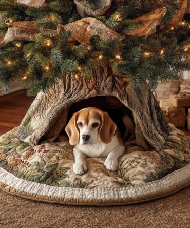 Sage Green Quilted Tree Skirt With Resting Beagle Motif - Custom-Made Holiday Skirt For Dog Lovers