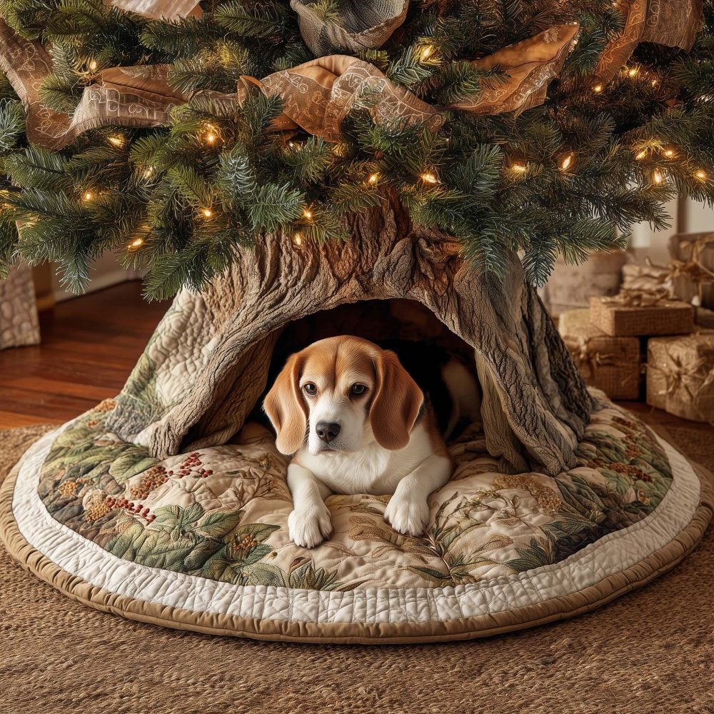 Sage Green Quilted Tree Skirt With Resting Beagle Motif - Custom-Made Holiday Skirt For Dog Lovers