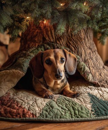 Green Pine Quilt Dachshund Christmas Tree Skirt — Quilted Holiday Tree Skirt With Dog Motif, Customizable & Handmade For Pet Lovers