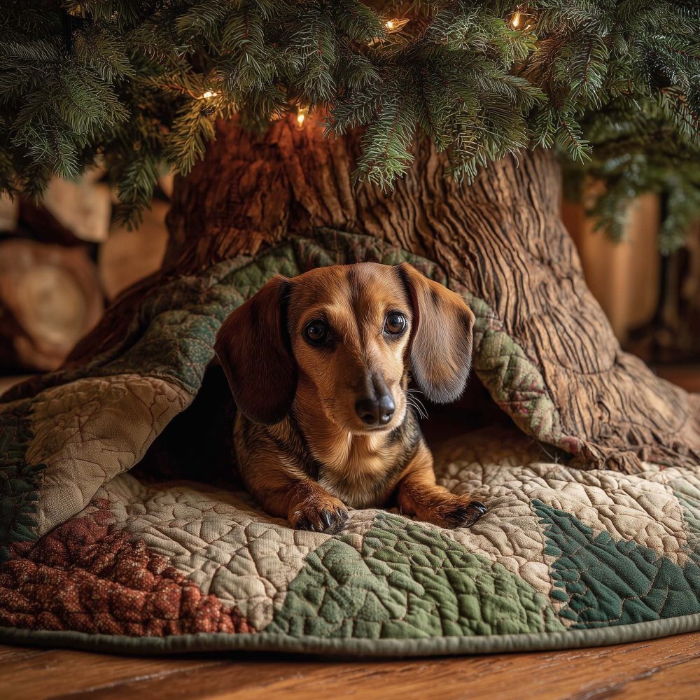 Green Pine Quilt Dachshund Christmas Tree Skirt — Quilted Holiday Tree Skirt With Dog Motif, Customizable & Handmade For Pet Lovers