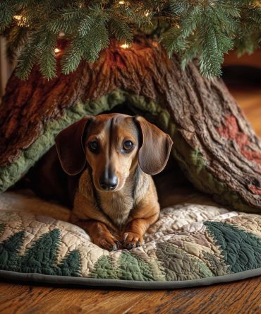 Dachshund Under The Tree Cream Christmas Tree Skirt — Charming Quilted Pet-Themed Tree Skirt, Custom Handmade Holiday Décor For Dog Lovers