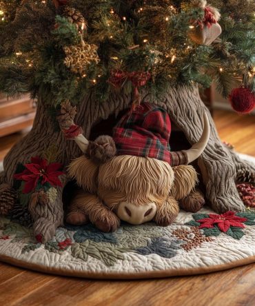 Highland Cow In Plaid Hat Christmas Tree Skirt — Rustic Quilted Holiday Tree Skirt, Custom Handmade Décor For Farmhouse & Cottage Homes