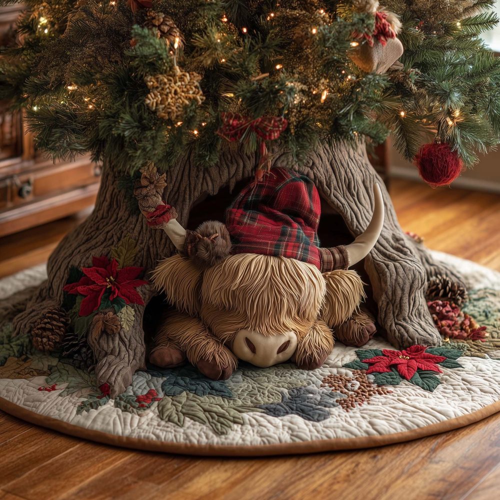 Highland Cow In Plaid Hat Christmas Tree Skirt — Rustic Quilted Holiday Tree Skirt, Custom Handmade Décor For Farmhouse & Cottage Homes