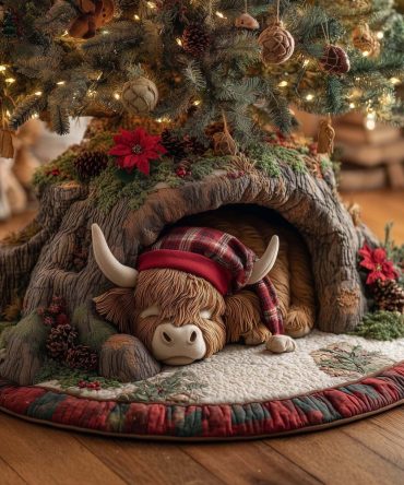 Red Plaid Highland Cow Christmas Tree Skirt — Festive Quilted Tree Skirt, Handmade Custom Holiday Decor With Scottish-Inspired Style