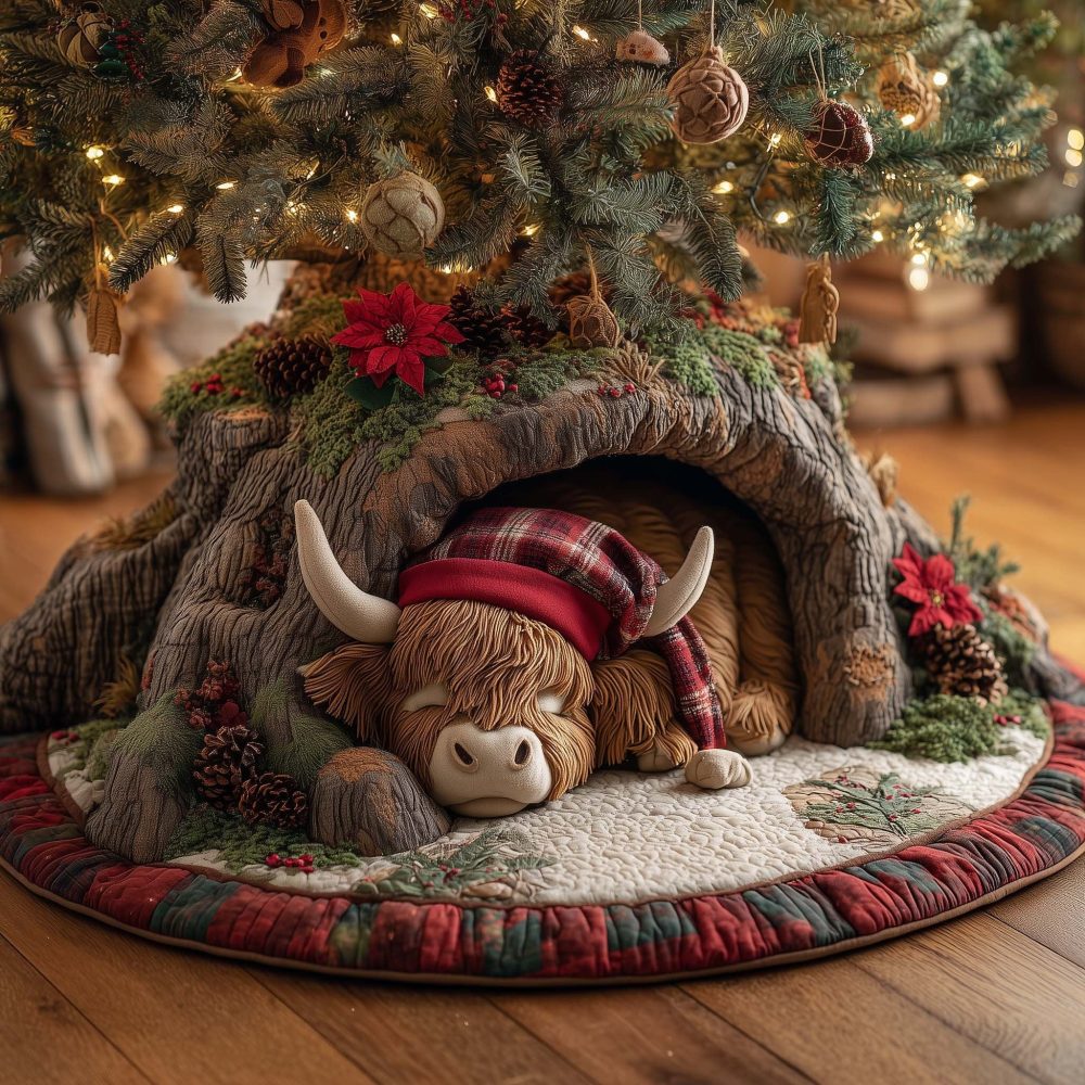 Red Plaid Highland Cow Christmas Tree Skirt — Festive Quilted Tree Skirt, Handmade Custom Holiday Decor With Scottish-Inspired Style