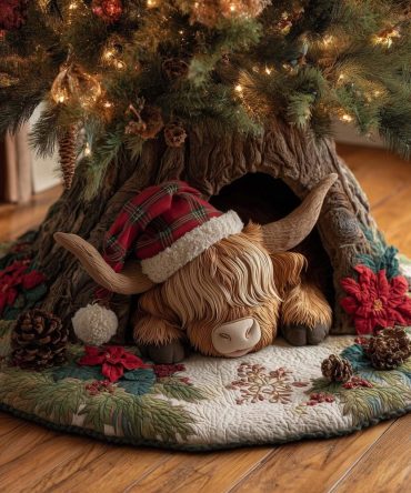Plaid Santa Highland Cow Christmas Tree Skirt — Cozy Farmhouse Quilted Tree Skirt, Handmade Custom Holiday Décor With Rustic Charm