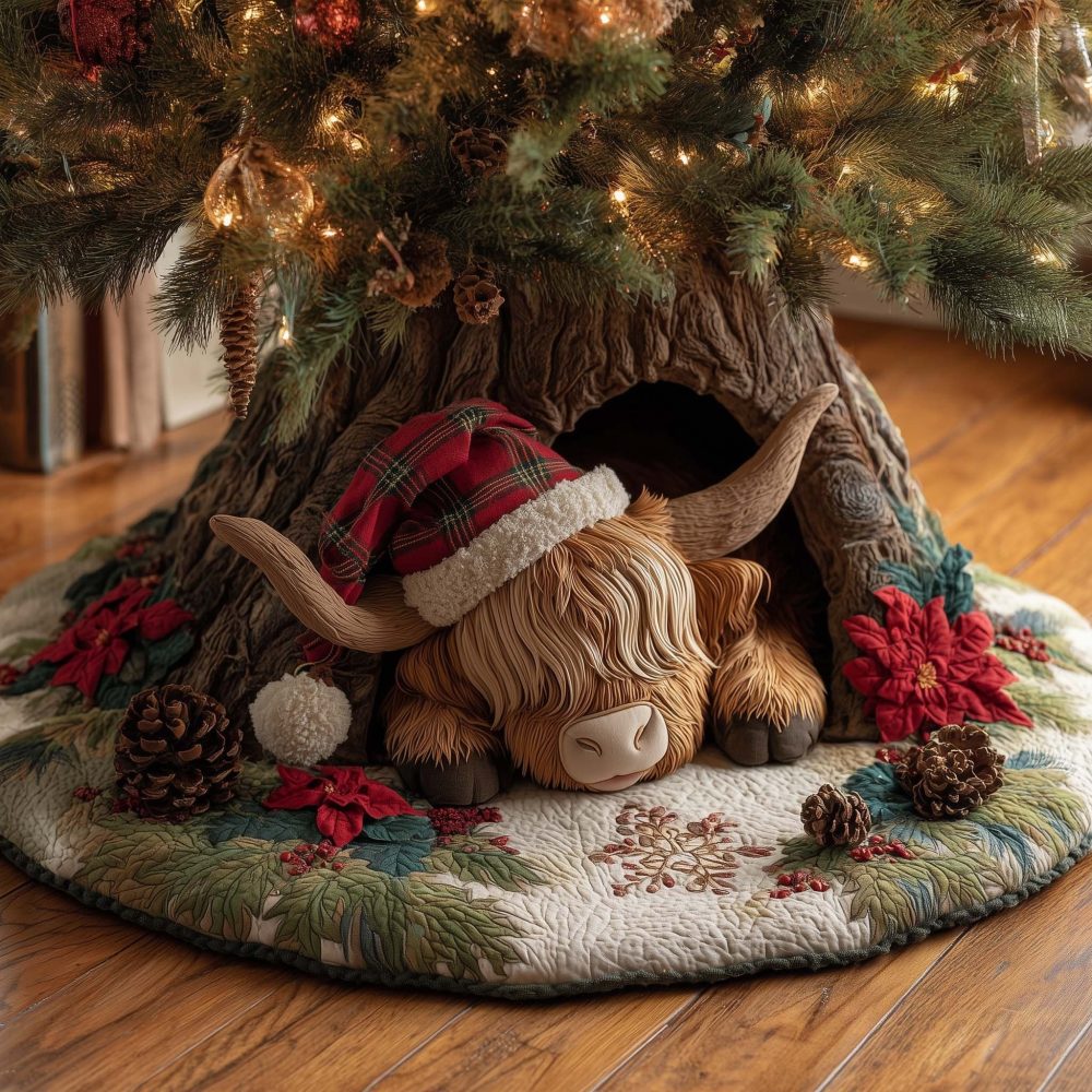 Plaid Santa Highland Cow Christmas Tree Skirt — Cozy Farmhouse Quilted Tree Skirt, Handmade Custom Holiday Décor With Rustic Charm