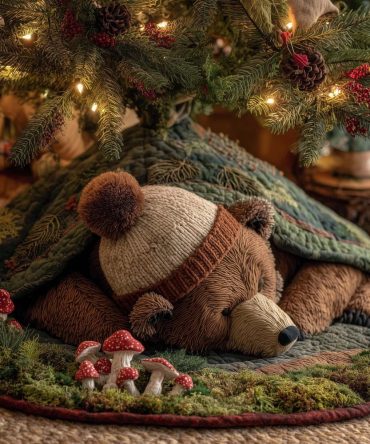 Knit-Hat Teddy Bear Green Christmas Tree Skirt — Custom Quilted Holiday Tree Skirt, Soft Reversible Design & Personalized Options