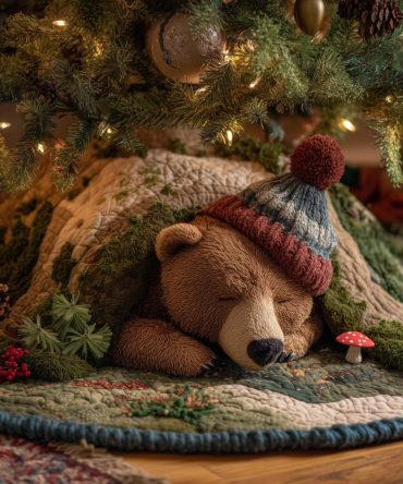 Personalized Teddy Bear Christmas Tree Skirt With Red Pom Hat — Plush Quilted Holiday Tree Skirt, Custom Handmade Gift For Kids