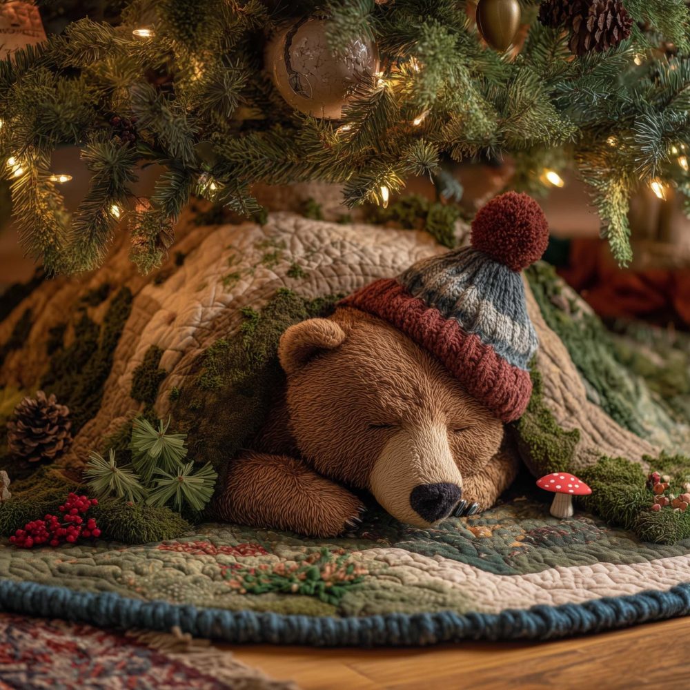 Personalized Teddy Bear Christmas Tree Skirt With Red Pom Hat — Plush Quilted Holiday Tree Skirt, Custom Handmade Gift For Kids