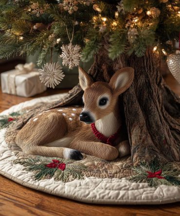 Reindeer Dream Christmas Tree Skirt - Elegant Holiday Reindeer Design, Premium Felt, Custom Made To Order