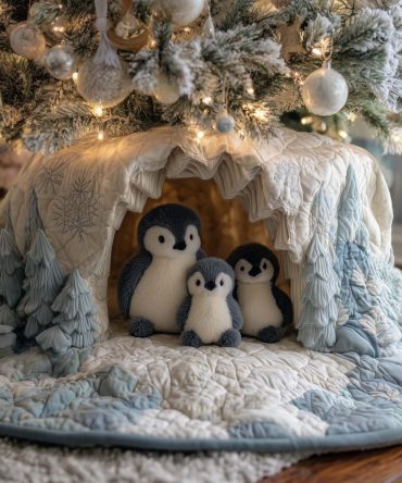 Penguin Family In Ice Cave Tree Skirt - Handmade Wintery Christmas Decor, Plush Fleece, Custom Made-To-Order