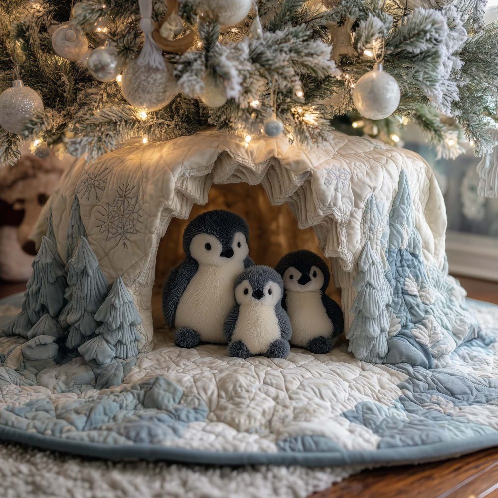 Penguin Family In Ice Cave Tree Skirt - Handmade Wintery Christmas Decor, Plush Fleece, Custom Made-To-Order
