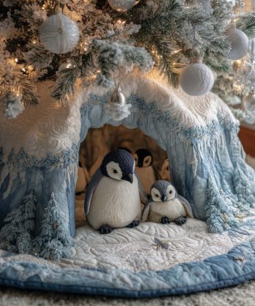 Nestled Penguins Snow Cave Tree Skirt - Handmade Cozy Holiday Decor, Soft Applique & Embroidery, Made-To-Order