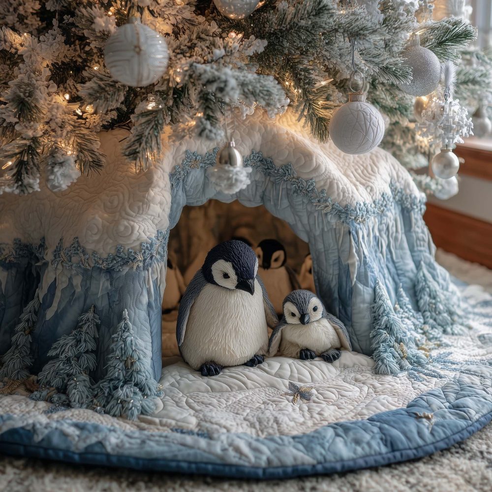 Nestled Penguins Snow Cave Tree Skirt - Handmade Cozy Holiday Decor, Soft Applique & Embroidery, Made-To-Order