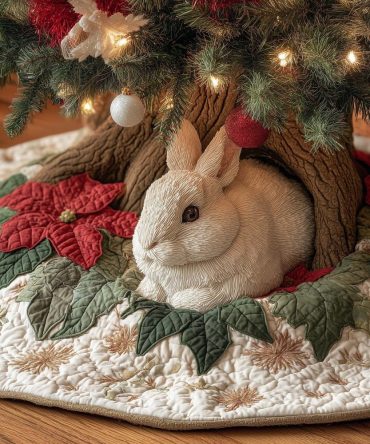 Custom White Rabbit Poinsettia Christmas Tree Skirt — Handmade Quilted Holiday Tree Skirt, Soft & Personalized Gift For Home