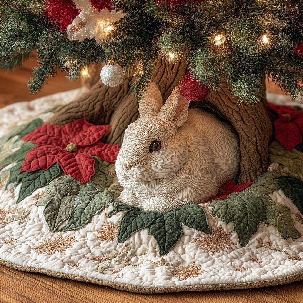 Custom White Rabbit Poinsettia Christmas Tree Skirt — Handmade Quilted Holiday Tree Skirt, Soft & Personalized Gift For Home