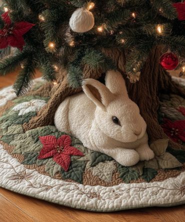 White Rabbit With Red Poinsettia Tree Skirt - Handmade Charming Christmas Decor, Soft Applique, Made-To-Order