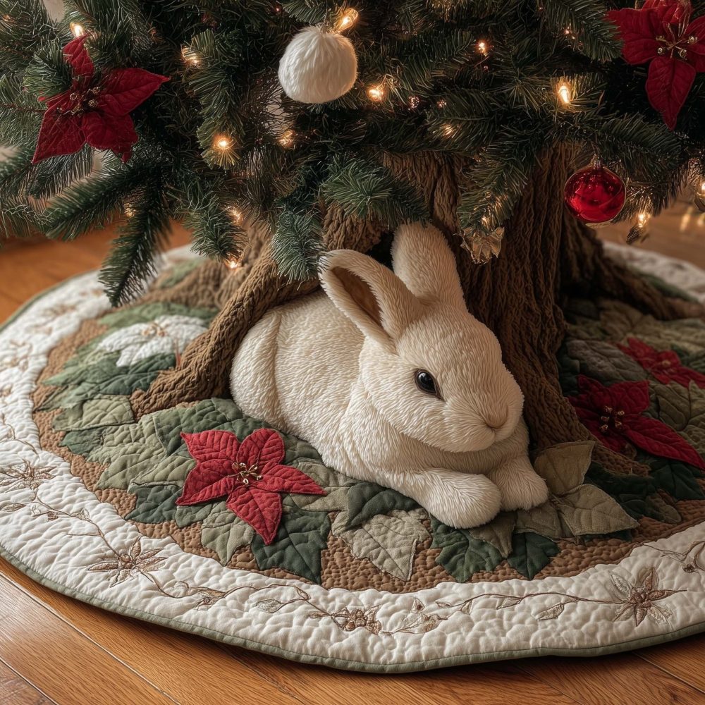 White Rabbit With Red Poinsettia Tree Skirt - Handmade Charming Christmas Decor, Soft Applique, Made-To-Order