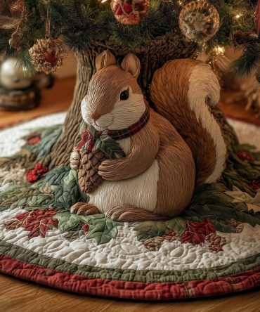 Squirrel On Holly With Pinecone Tree Skirt - Handmade Festive Woodland Decor, Durable Felt, Made-To-Order