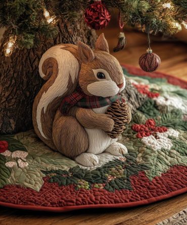 Squirrel With Acorn Christmas Tree Skirt - Handmade Forest-Themed Holiday Decor, Custom Size, Made-To-Order