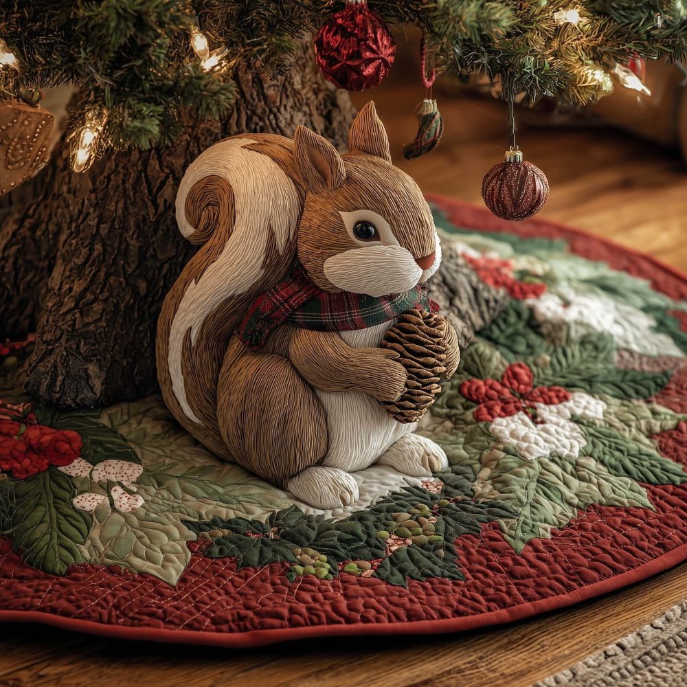 Squirrel With Acorn Christmas Tree Skirt - Handmade Forest-Themed Holiday Decor, Custom Size, Made-To-Order