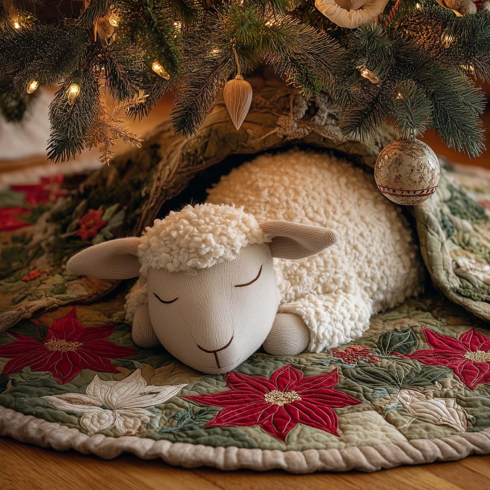 Poinsettia-Lull Lamb Tree Skirt - Handmade Holiday Accent With Floral Detail, Custom Size, Made-To-Order