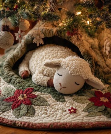 Sleeping Lamb In Green Hollow Tree Skirt - Handmade Pastoral Christmas Decor, Soft Fabric, Made-To-Order