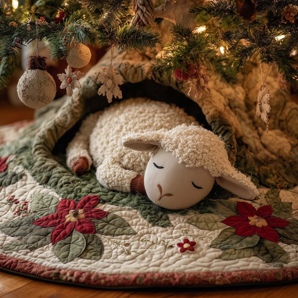Sleeping Lamb In Green Hollow Tree Skirt - Handmade Pastoral Christmas Decor, Soft Fabric, Made-To-Order