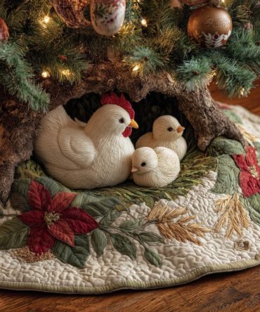 Nest Hollow Hen & Chicks Tree Skirt — Handcrafted Rustic Holiday Skirt With Cozy Nest Appliqué, Custom Sizes