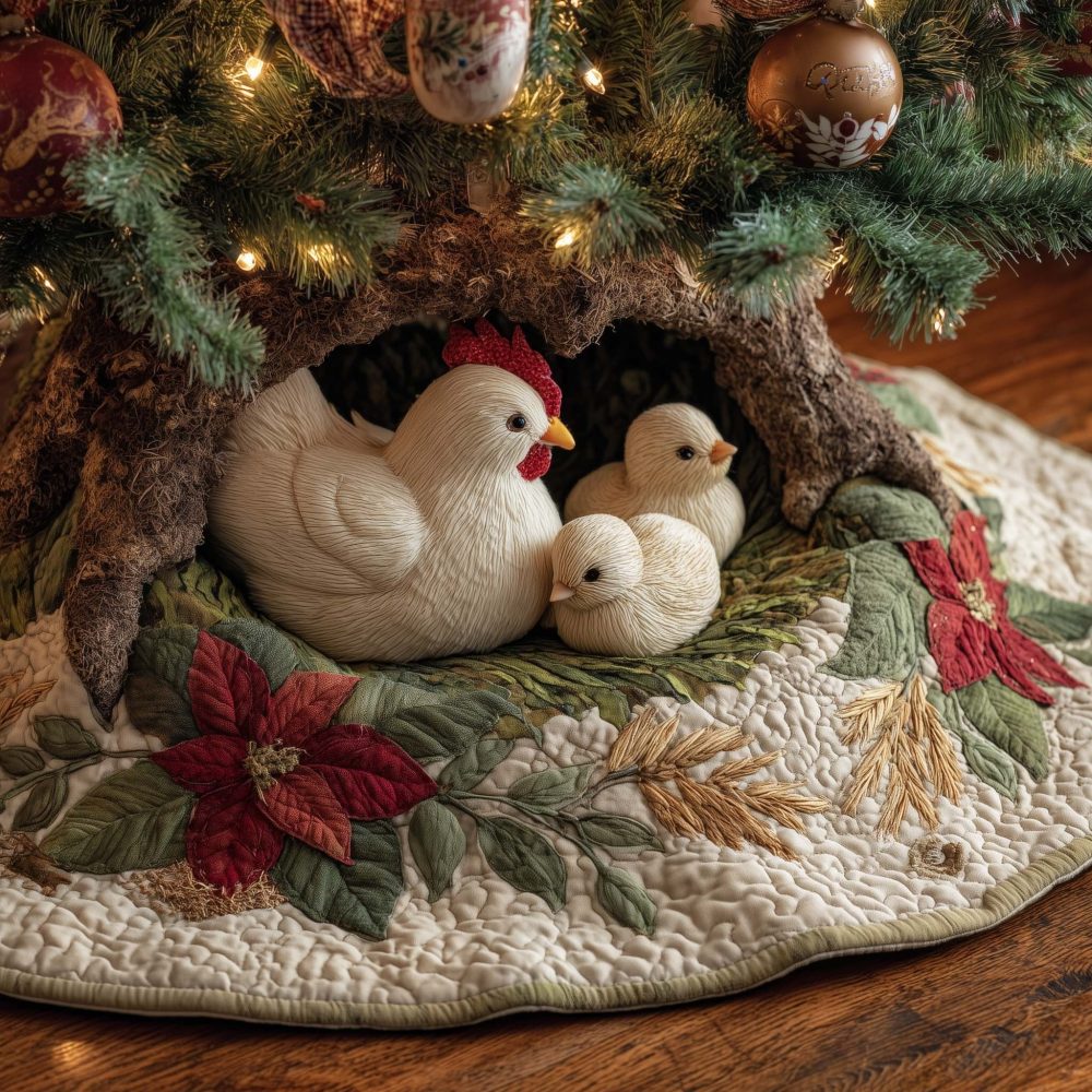 Nest Hollow Hen & Chicks Tree Skirt — Handcrafted Rustic Holiday Skirt With Cozy Nest Appliqué, Custom Sizes