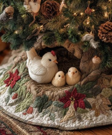 Poinsettia Nook Hen Family Tree Skirt — Handcrafted Farmhouse Holiday Skirt With Charming Hen Appliqué, Custom