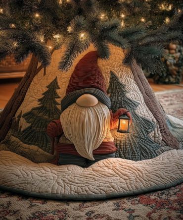 Lantern Gnome In Pine Tree Skirt - Handmade Rustic Christmas Tree Skirt, Soft Fleece, Made-To-Order