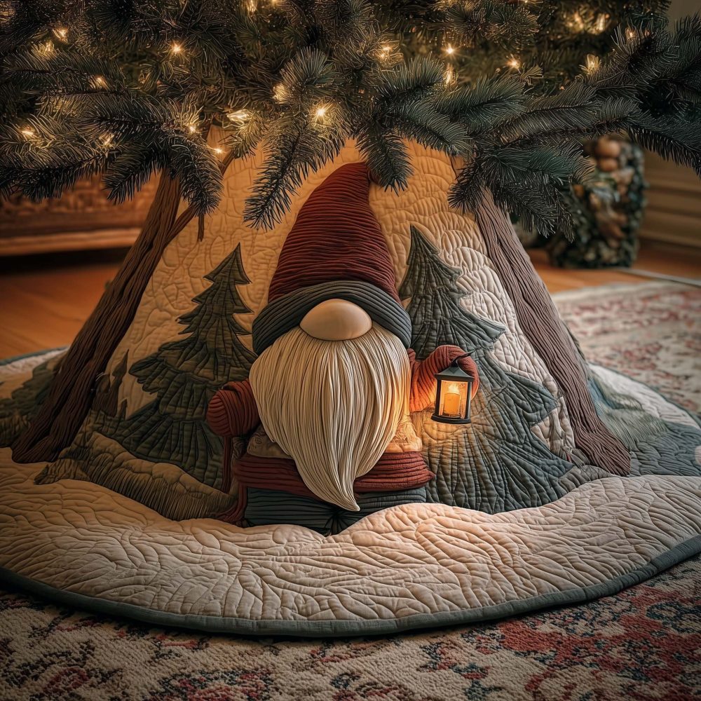 Lantern Gnome In Pine Tree Skirt - Handmade Rustic Christmas Tree Skirt, Soft Fleece, Made-To-Order