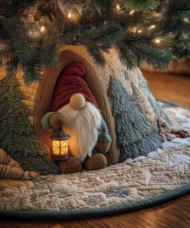 Glowing Lantern Gnome Tree Skirt - Handmade Holiday Accent, Plush Applique & Embroidery, Made-To-Order