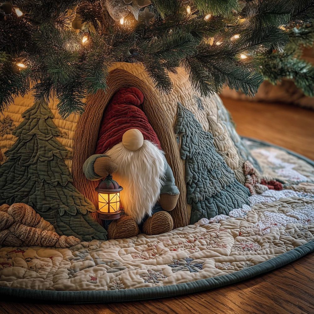 Glowing Lantern Gnome Tree Skirt - Handmade Holiday Accent, Plush Applique & Embroidery, Made-To-Order