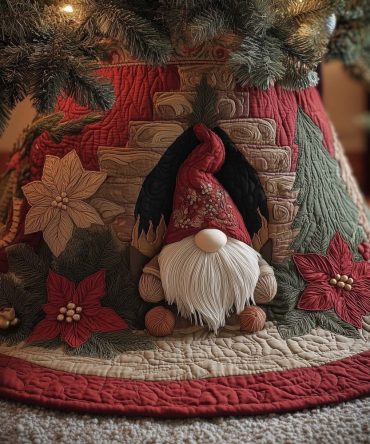 Festive Christmas Gnomes Tree Skirt — Handmade Multi-Gnome Holiday Tree Skirt, Customizable Colors And Size, Made-To-Order