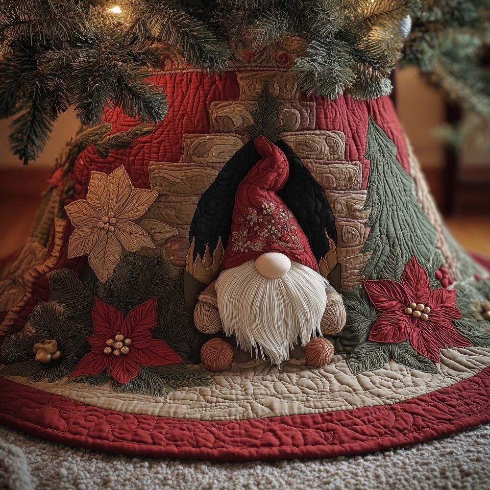 Festive Christmas Gnomes Tree Skirt — Handmade Multi-Gnome Holiday Tree Skirt, Customizable Colors And Size, Made-To-Order