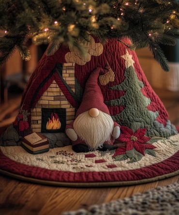 Cozy Gnome By Fireplace Holiday Tree Skirt — Handmade Hearthside Gnome Christmas Skirt, Custom Name Embroidery, Made-To-Order
