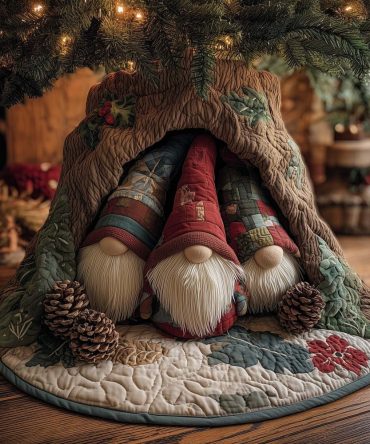 Handcrafted Gnome & Pinecone Poinsettia Tree Skirt - Festive Holiday Decor, Made-To-Order Velvet Finish