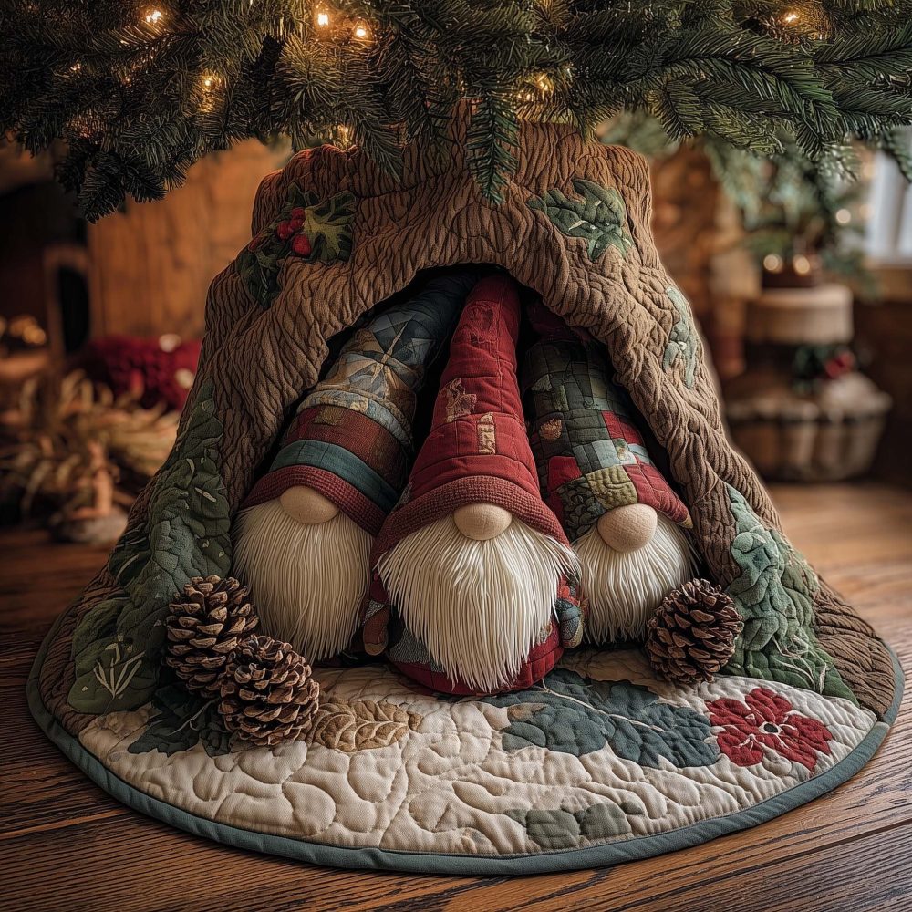 Handcrafted Gnome & Pinecone Poinsettia Tree Skirt - Festive Holiday Decor, Made-To-Order Velvet Finish