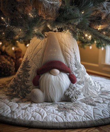Handmade White Gnome Christmas Tree Skirt - Cozy Snowy Scene, Soft Fleece, Made-To-Order Holiday Gift