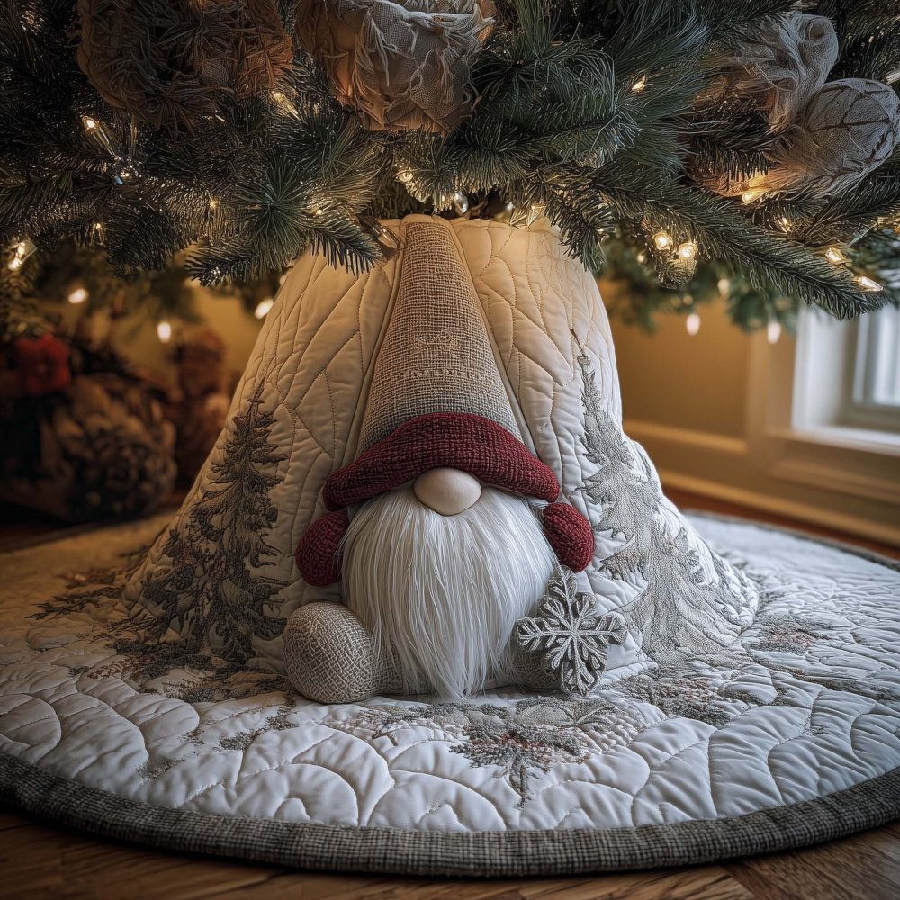 Handmade White Gnome Christmas Tree Skirt - Cozy Snowy Scene, Soft Fleece, Made-To-Order Holiday Gift