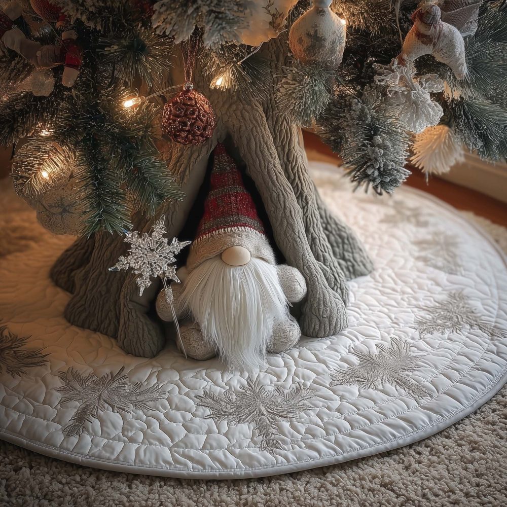 Gnome With Snowflake Tree Skirt — Handmade Christmas Skirt Featuring Festive Gnome By Tree, Quilted Holiday Base, Custom Made-To-Order