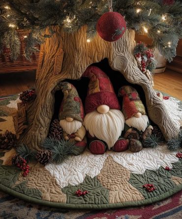 Festive Red-Hatted Gnome Tree Skirt With Berries - Handmade Holiday Accent, Custom Sizes, Made-To-Order
