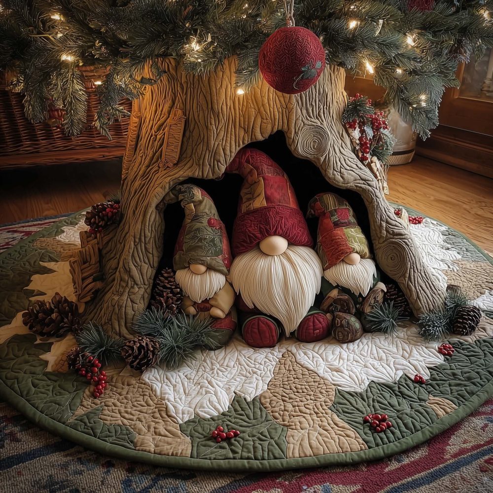 Festive Red-Hatted Gnome Tree Skirt With Berries - Handmade Holiday Accent, Custom Sizes, Made-To-Order