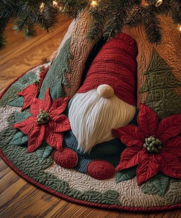 Gnome Among Poinsettias Tree Skirt — Handmade Holiday Skirt With Red Blossoms, Quilted Christmas Tree Base, Custom Sizing Available